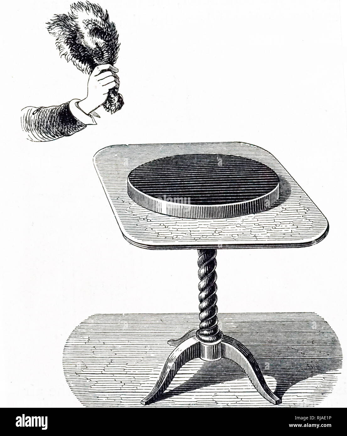 1878 Illustrazione raffigurante un elettroforo o electrophore. Questo è stato un manuale di tipo capacitivo generatore elettrostatico usato per produrre la carica elettrostatica tramite il processo di induzione elettrostatica. La prima versione di esso fu inventato nel 1762 dal professore svedese Johan Carl Wilcke, ma scienziato italiano Alessandro Volta migliorato e popularized il dispositivo nel 1775, ed è a volte erroneamente accreditati con la sua invenzione Foto Stock 1878 Illustrazione raffigurante un elettroforo o electrophore. Questo è stato un manuale di tipo capacitivo generatore elettrostatico usato per produrre la carica elettrostatica tramite il processo di induzione elettrostatica. La prima versione di esso fu inventato nel 1762 dal professore svedese Johan Carl Wilcke, ma scienziato italiano Alessandro Volta migliorato e popularized il dispositivo nel 1775, ed è a volte erroneamente accreditati con la sua invenzione Foto Stock