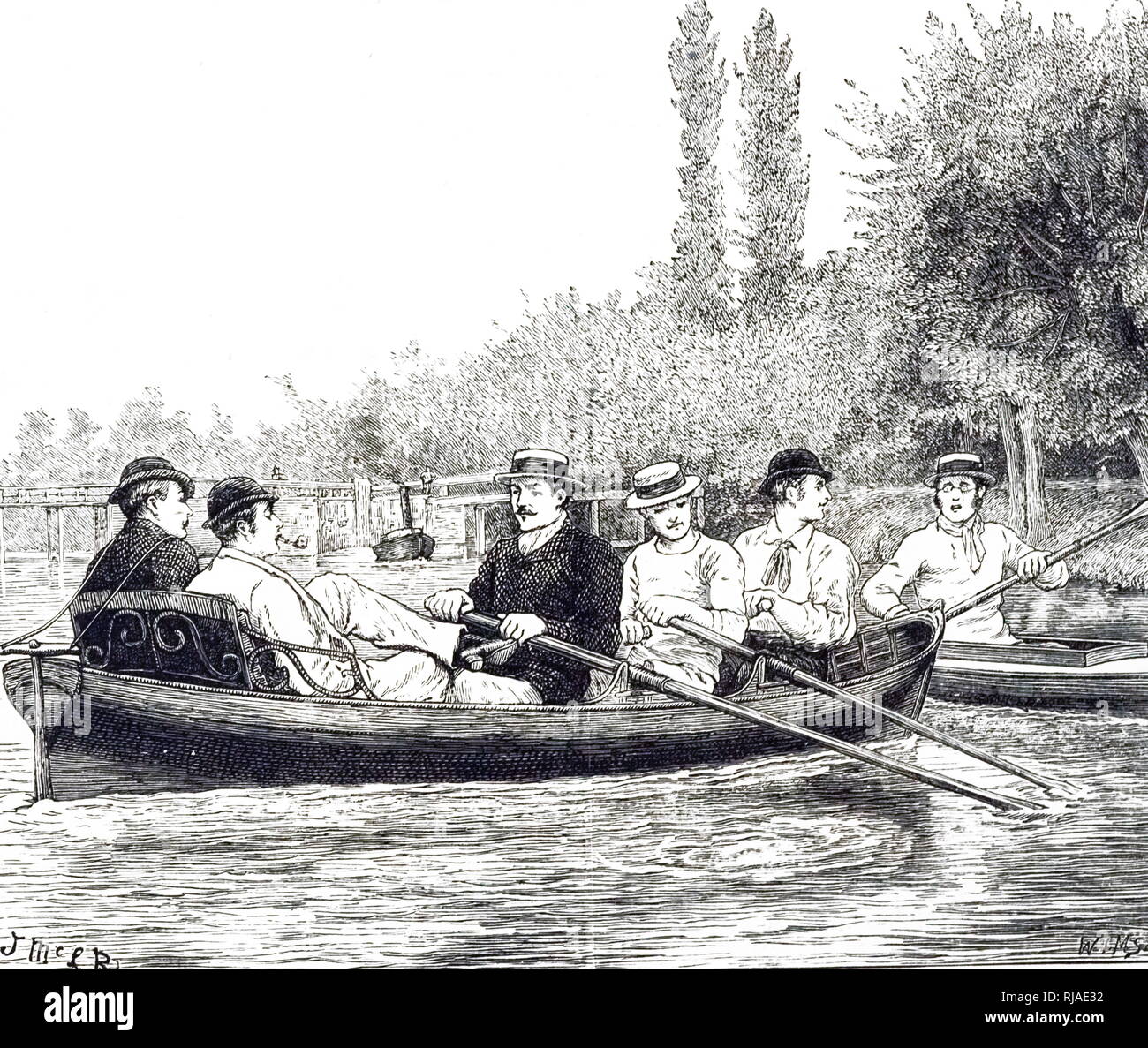 Illustrazione che mostra studenti di Oxford in pratica per il Boat Race, 1879. La Regata è un annuale gara di canottaggio tra Oxford University Boat Club e la Cambridge University Boat Club, remato tra uomini e donne open-peso eights sul Fiume Tamigi a Londra, Inghilterra. È anche noto come l'Università Boat Race e Oxford e Cambridge Boat Race. Uomini della gara è stato organizzato per la prima volta nel 1829 ed è stata tenuta annualmente a partire dal 1856, tranne durante la prima e la seconda guerra mondiale. Foto Stock