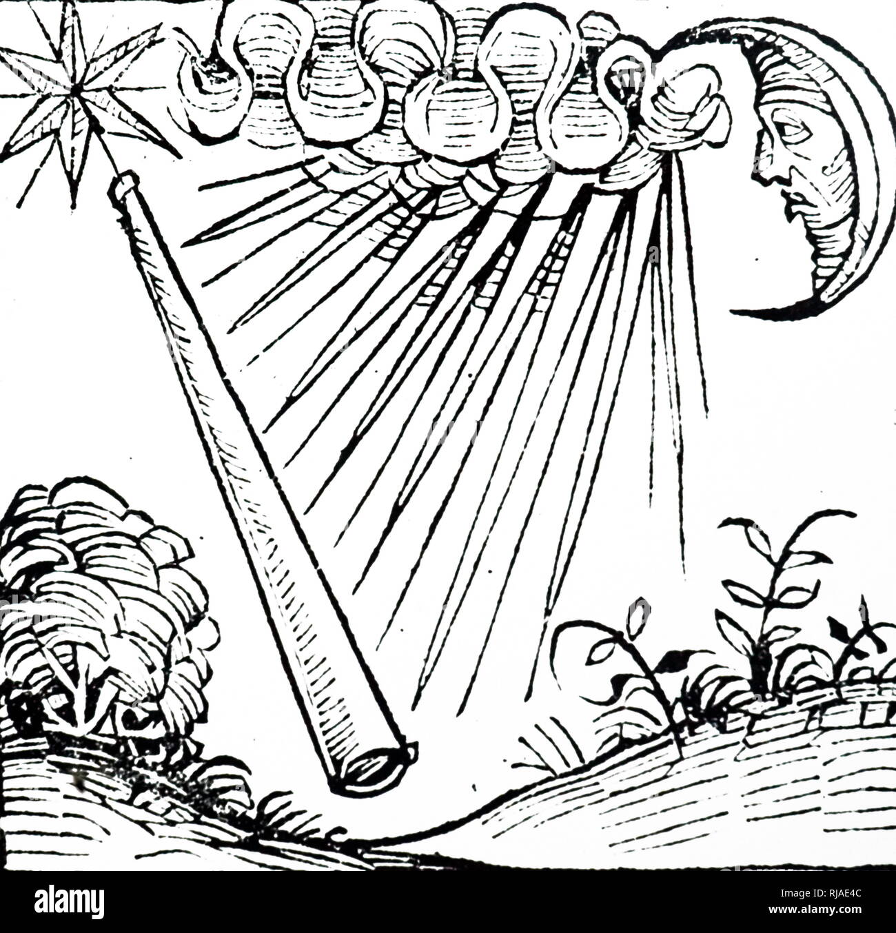 Illustrazione che mostra una violenta tempesta e fulmini come un fulmine lampeggia. raffigurato nella cronaca di Norimberga. 1493. Foto Stock