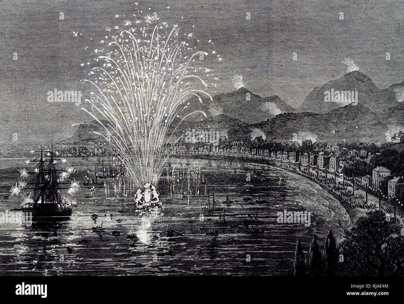Xix secolo illustrazione che mostra fuochi d'artificio in onore della regina Victoria's visita a Mentone, in Francia 1882 Foto Stock