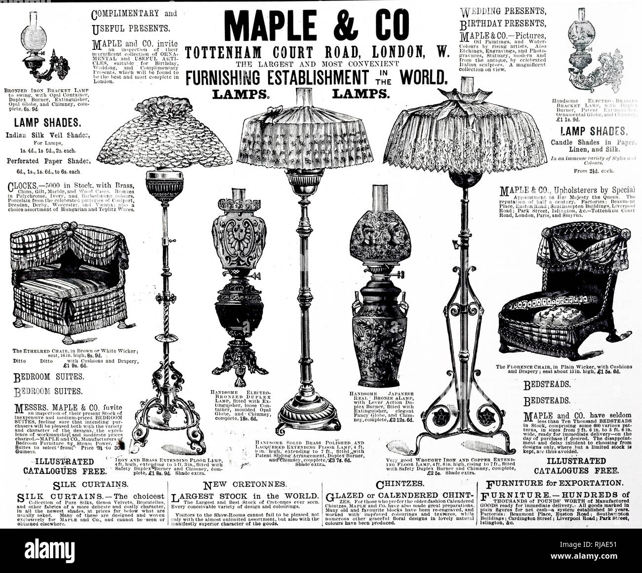Xix secolo annuncio, per 'Maple & Co', lampade elettriche; Inghilterra; 1892 Foto Stock