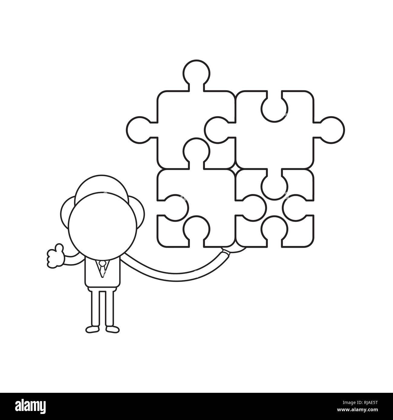 Illustrazione Vettoriale proprietario personaggio regge quattro puzzle collegati i pezzi del puzzle e gesticolando Thumbs up. Contorno nero. Illustrazione Vettoriale