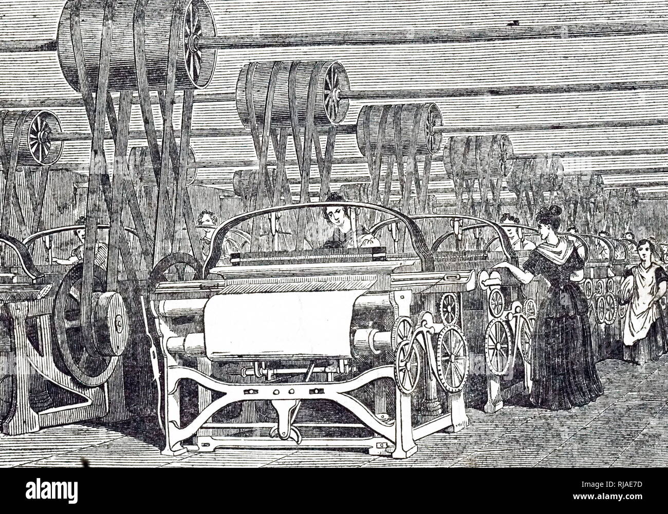 Illustrazione che mostra le donne lavoratrici all'interno di un bagno di vapore-powered Lancashire cotone mulino. 1844 Foto Stock