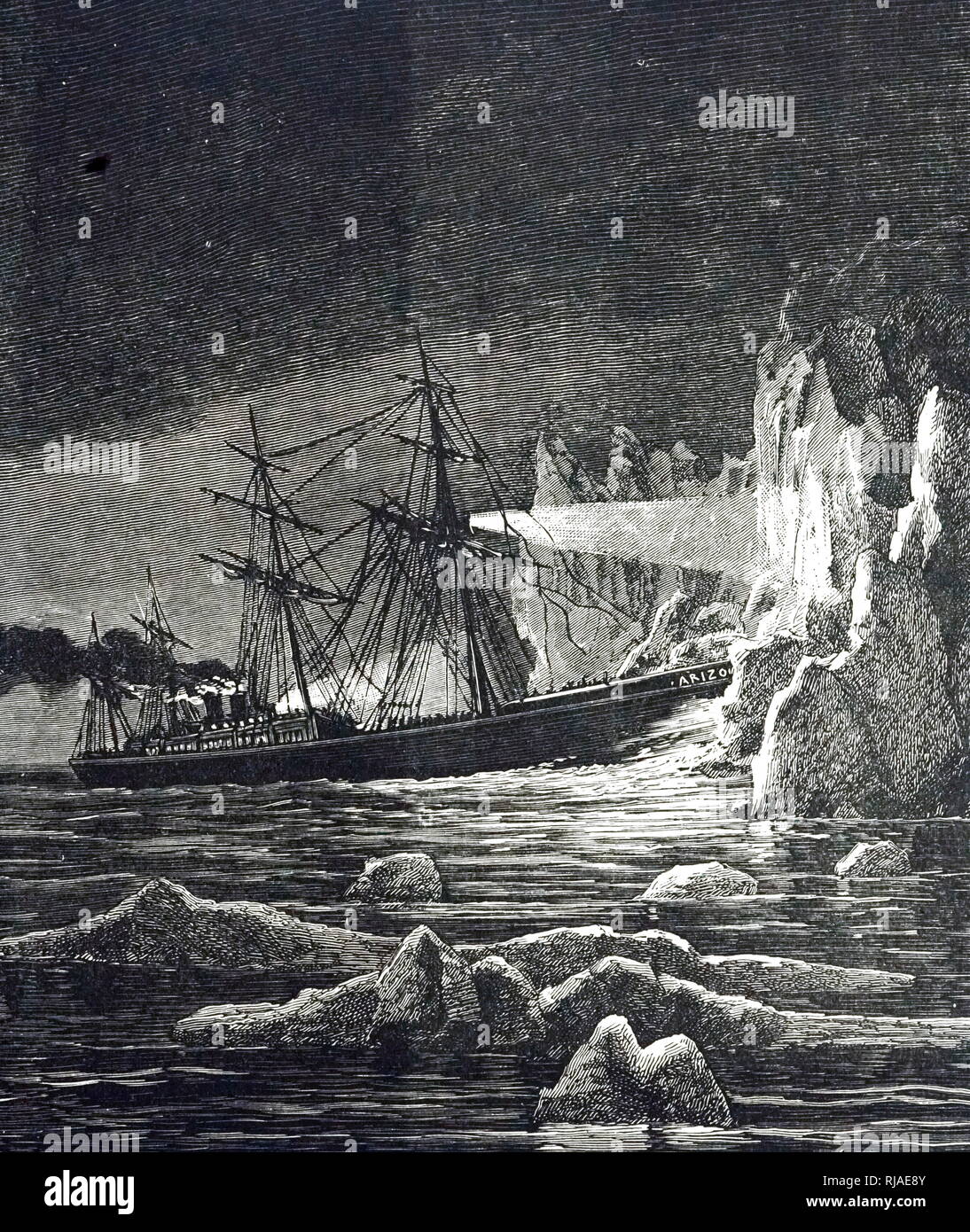 Una incisione raffigurante il " Arizona' colpisce un iceberg di notte circa 300 miglia da St John's nel 1879. La nave era in buona condizione sufficiente per rendere il suo modo torna a Terranova per le riparazioni. Datata del XIX secolo Foto Stock