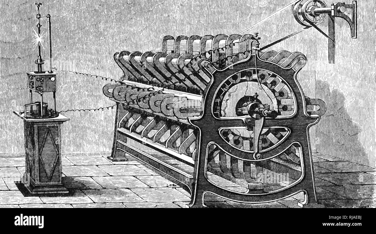 Una incisione raffigurante l'Alleanza Nolet generatore essendo utilizzata per l'alimentazione di una lampada ad arco di carbone. Utilizzato in fari a La Heve. Datata del XIX secolo Foto Stock