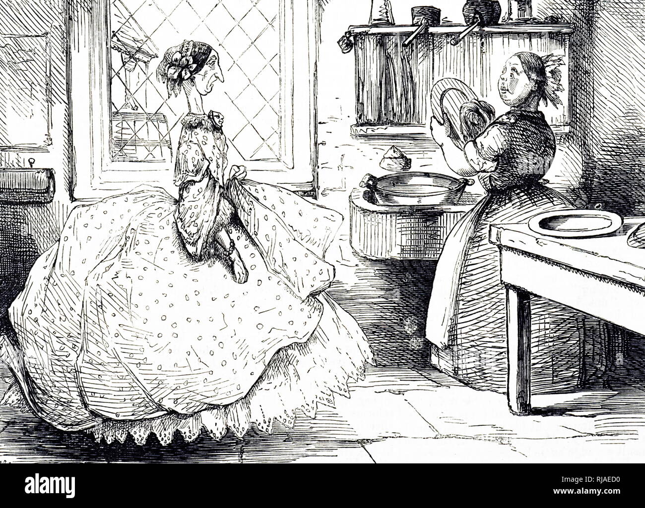 Vignetta satirica che mostra due donne di detersivo piatti in una cucina. 1860 Foto Stock