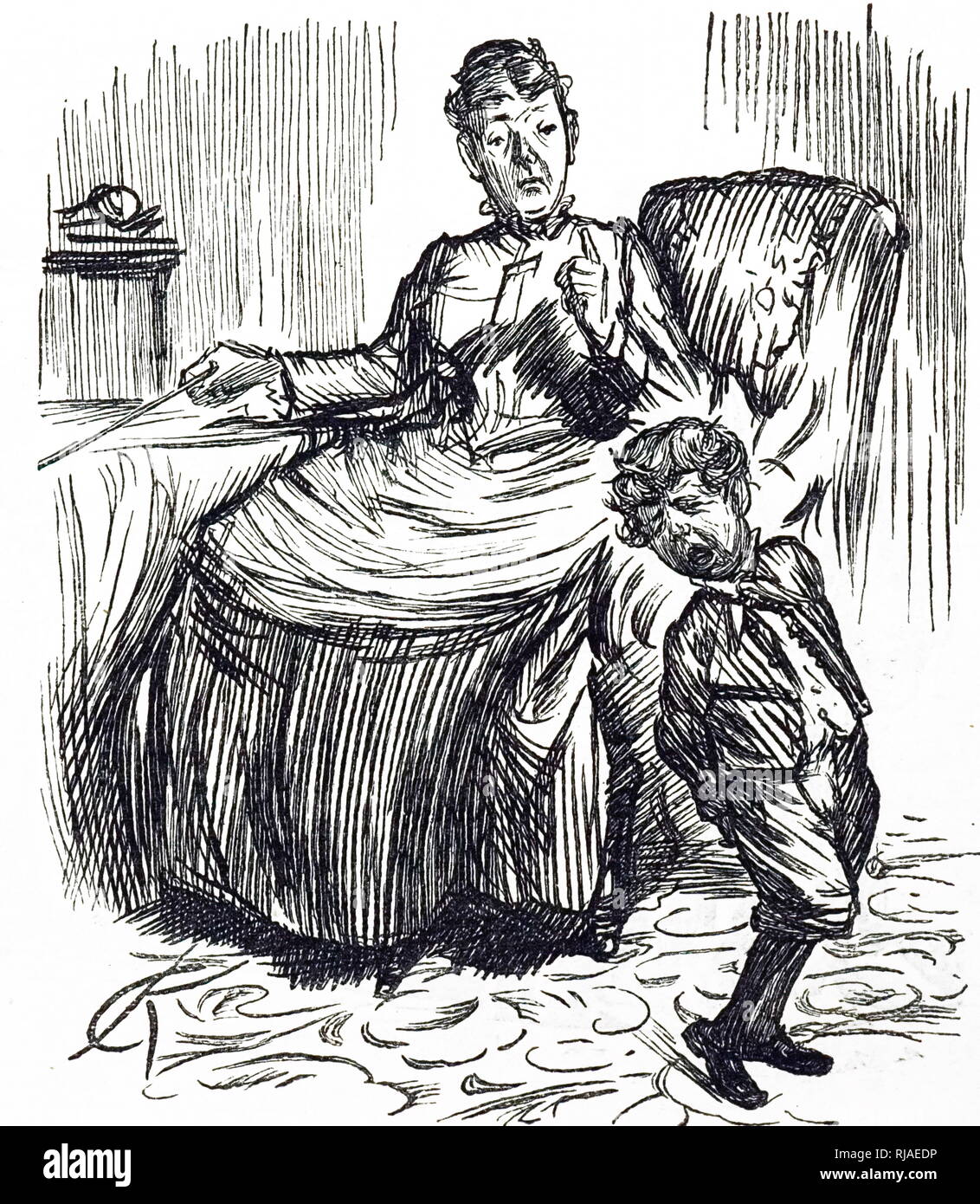 Cartoon di Charles Samuel Heene, (1823-1891), che mostra un epoca Vittoriana madre, punire un cattivo ragazzo. 1888 Foto Stock
