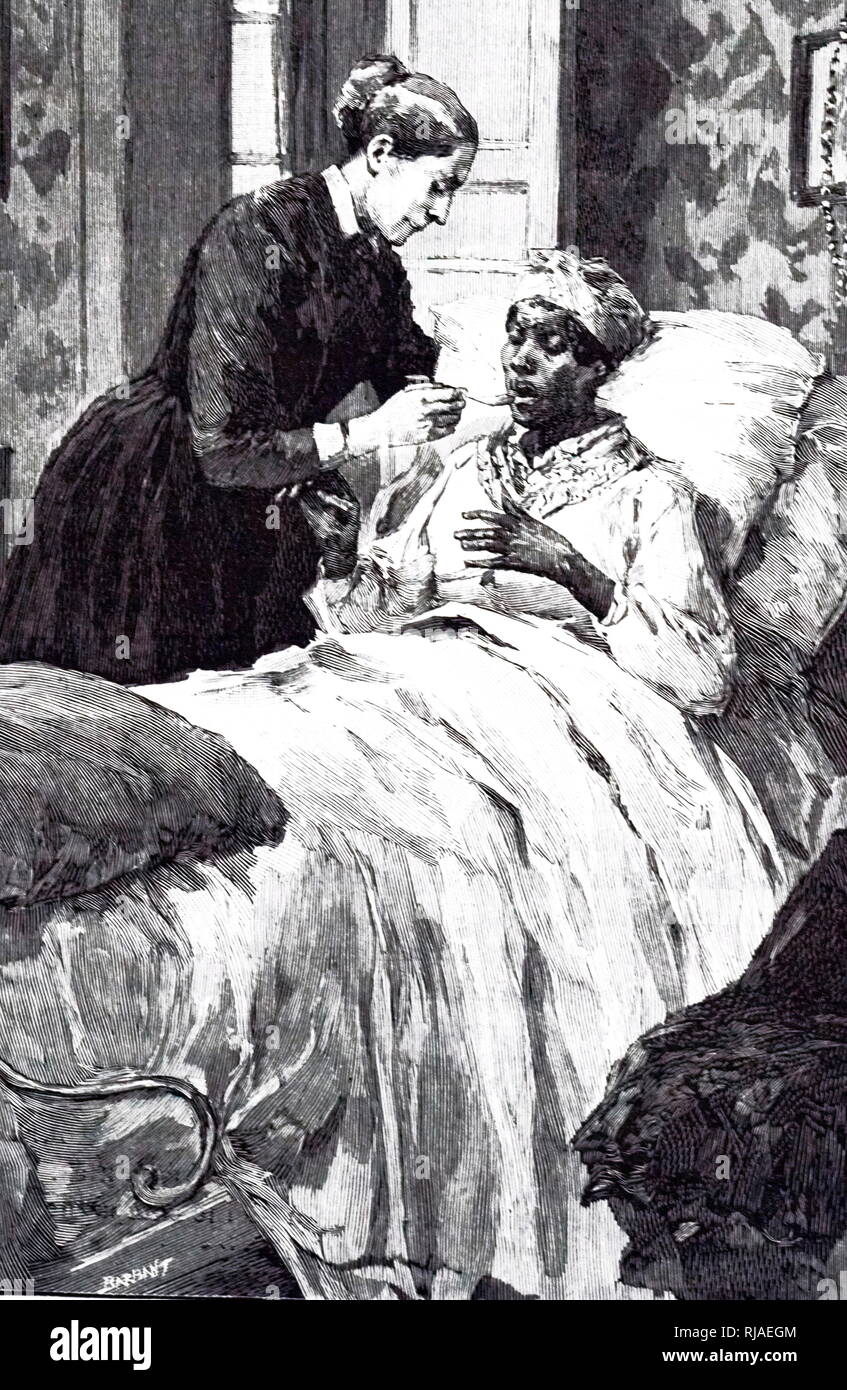 Una incisione raffigurante la padrona di casa dando il suo servo un cucchiaio di medicina. Datata del XIX secolo Foto Stock Una incisione raffigurante la padrona di casa dando il suo servo un cucchiaio di medicina. Datata del XIX secolo Foto Stock