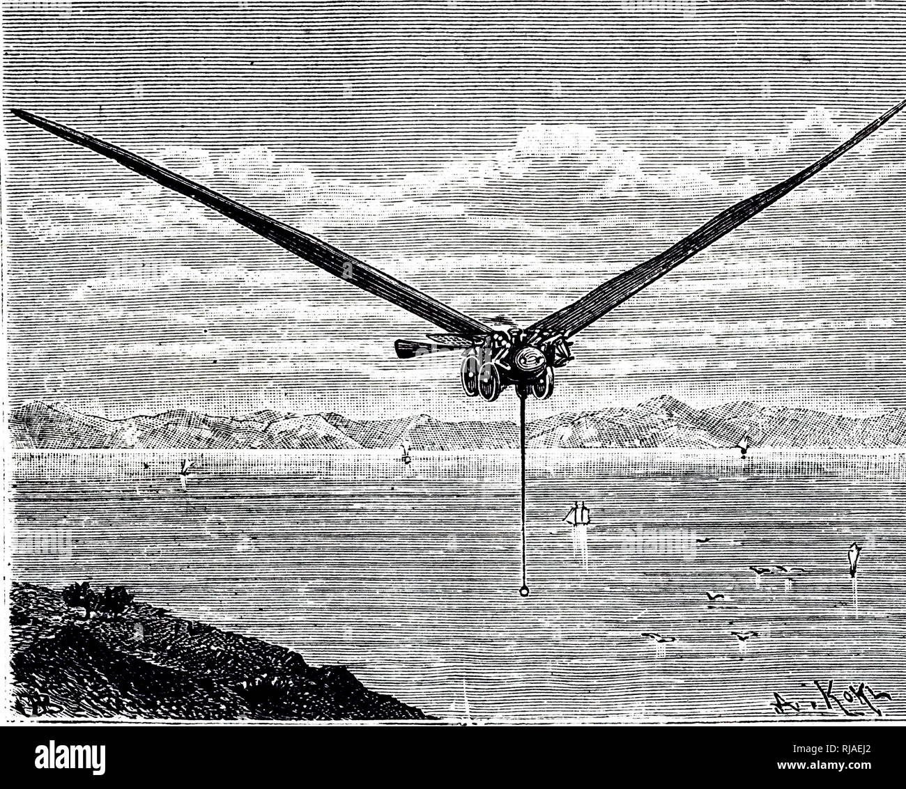 L'artista impressione di Kaufmann's steam-powered aereo, mostrato come un modello al salone aeronautico, svoltasi a Londra nel 1868. Datata del XIX secolo Foto Stock