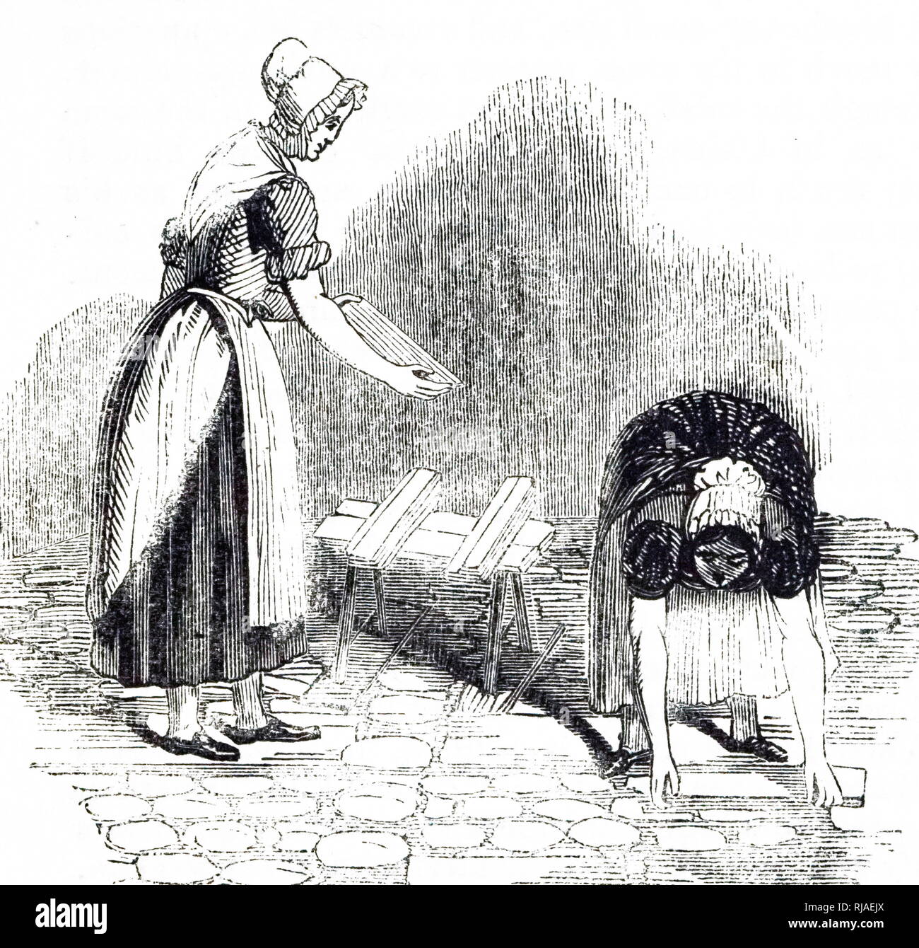 Una incisione raffigurante la produzione del filo bianco (filo carbonata) utilizzati principalmente nell'industria delle vernici. Su un letto di trascorso tanner la corteccia sono stati impostati come pentole di aceto: una lamina di piombo posta su ciascun contenitore. Corteccia, aceto pentole e piombo sono state poste in strati ad una altezza di circa 7,6 m. La porta della camera chiusa per molte settimane. La corteccia fermentati e innalzato la temperatura, e sfruttando il calore, l'aceto e il gas ha dato off, il piombo gassata è stata prodotta. Datata del XIX secolo Foto Stock