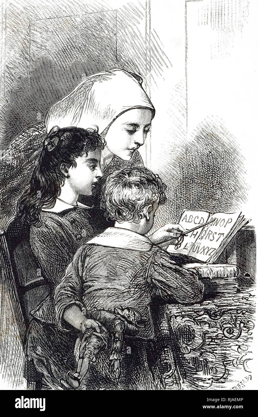 Una incisione raffigurante una donna per insegnare ai bambini il loro alfabeto. Datata del XIX secolo Foto Stock