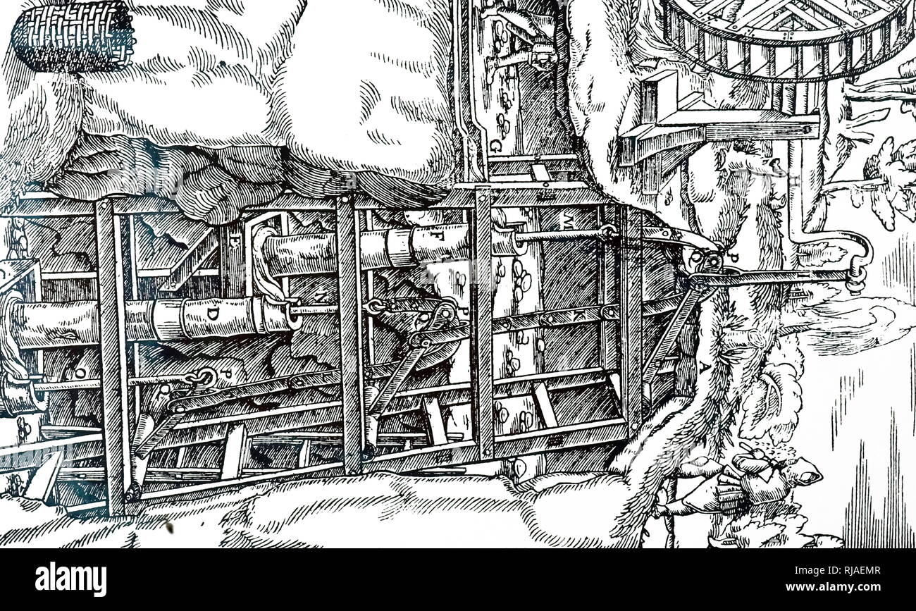 Una xilografia incisione raffigurante lo svuotamento di una miniera che utilizza una serie di pompe di aspirazione azionato da una ruota di acqua. Datata xvi secolo Foto Stock