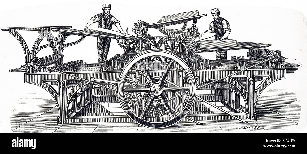 Una incisione raffigurante un francese a doppio cilindro prenota stampa con set-off e piegatura della carta apparecchiatura. Datata del XIX secolo Foto Stock