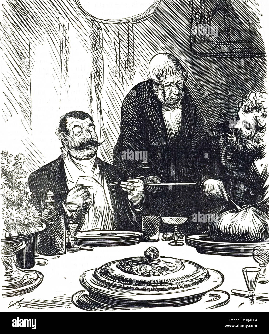 Un cartoon raffigurante una cena dove haggis è servita. Datata del XIX secolo Foto Stock