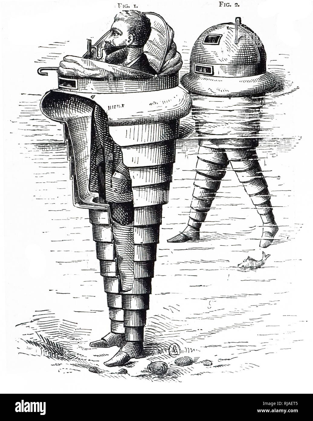 Una incisione raffigurante un salvagente ideato da Trangott Beek di Newark. All'interno della parte superiore che può aprire e chiudere un cibo e di approvvigionamento di acqua è stato memorizzato; prevede che esso consentirebbe un mesi la sopravvivenza dopo un naufragio. Datata del XIX secolo Foto Stock