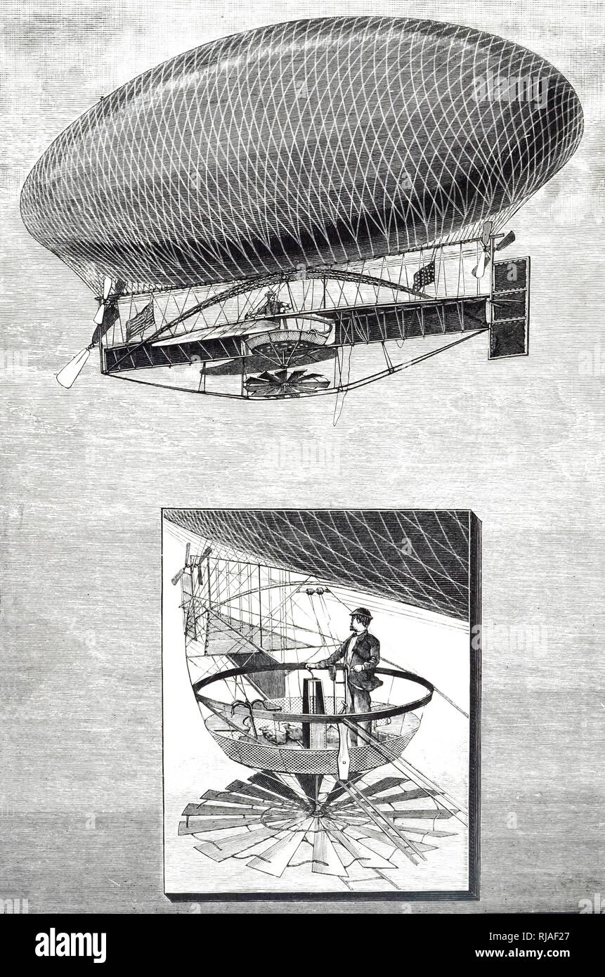 Una incisione raffigurante un dirigibile progettato da Peter C. Campbell di Brooklyn. Il gas borsa era lunga 18 metri e fatta di seta verniciato e il pilota guidato dalla vettura sospesi al di sotto di esso. Datata del XIX secolo Foto Stock