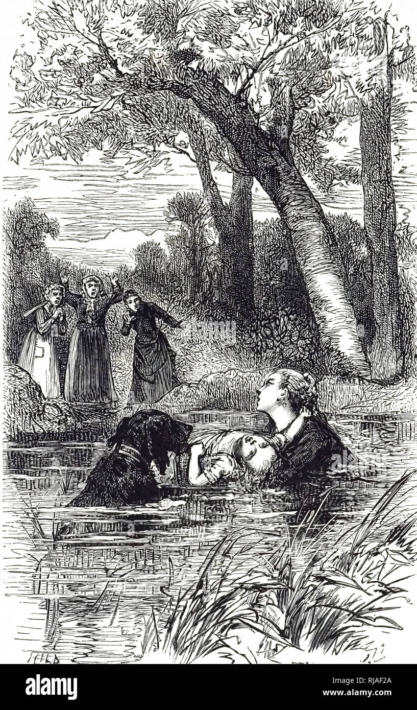 Una incisione raffigurante una donna il salvataggio di un annegamento bambino da un lago. Datata del XIX secolo Foto Stock
