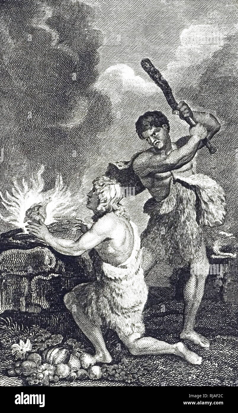 Una incisione raffigurante il racconto biblico di Caino uccidere Abele. Illustrato da William Marshall Craig (1765-1827) un pittore inglese. Datata del XIX secolo Foto Stock