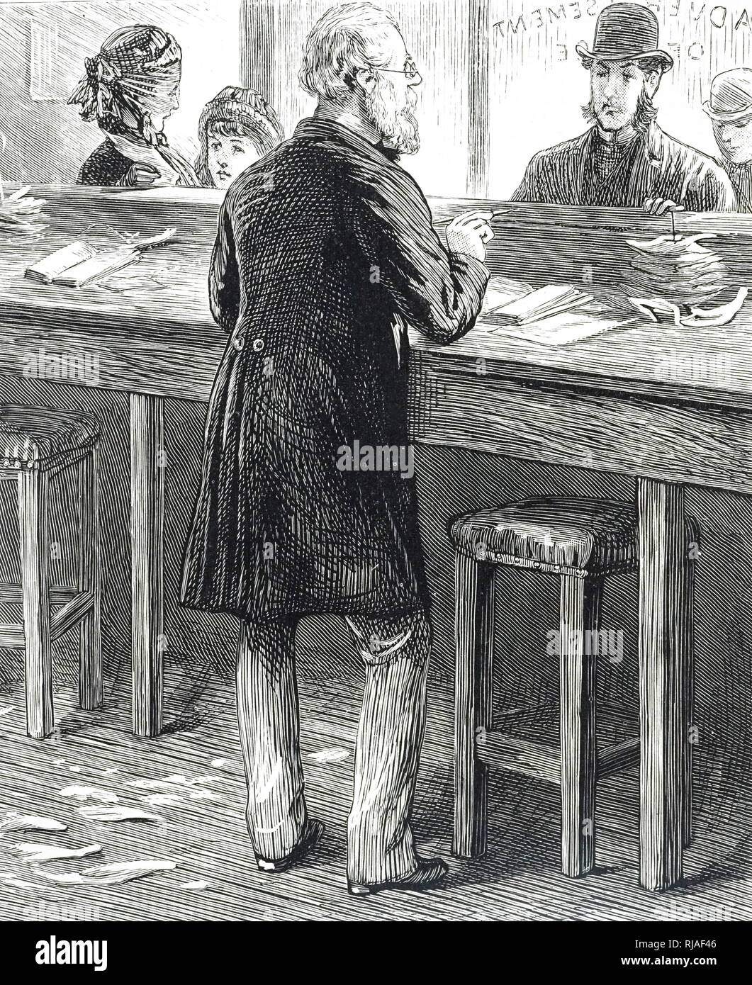 Una incisione raffigurante un gentiluomo di lasciare un annuncio per essere collocato nella colonna personale di una carta. Datata del XIX secolo Foto Stock