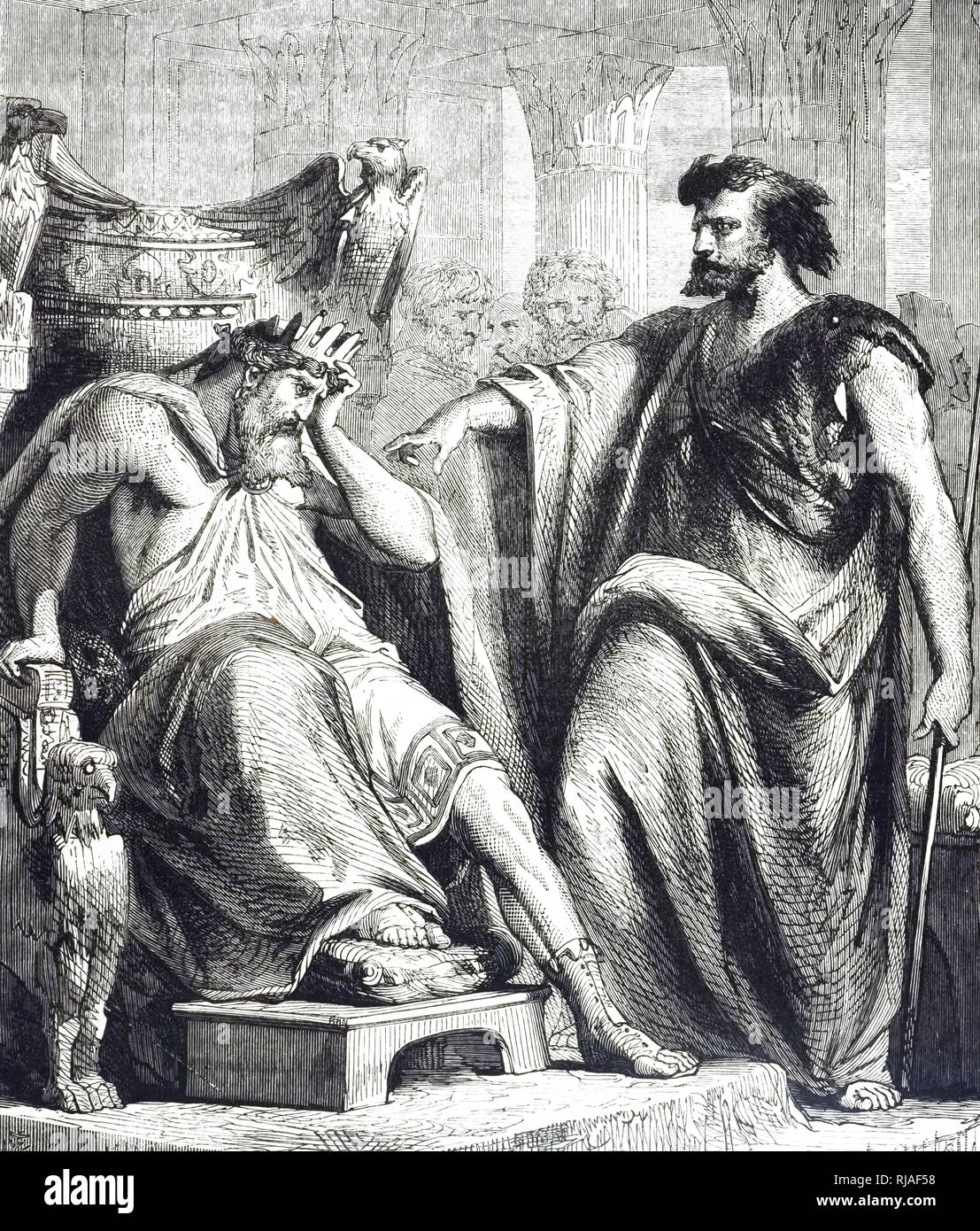 Una incisione raffigurante la storia biblica di Re Davide essendo rimproverato da Nathan, la Corte profeta. Datata del XIX secolo Foto Stock