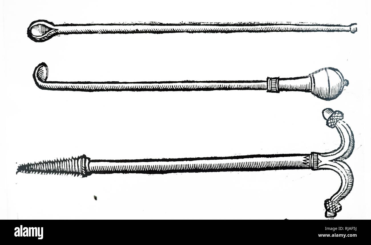 Una xilografia incisione raffigurante una selezione del chirurgo gli strumenti inclusi in un cucchiaio. Datata xvi secolo Foto Stock