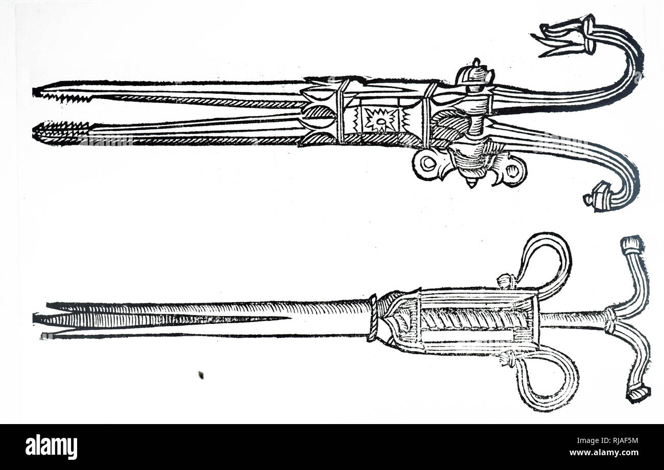 Una xilografia incisione raffigurante una selezione del chirurgo gli strumenti compresi forcipe datata XVI secolo Foto Stock