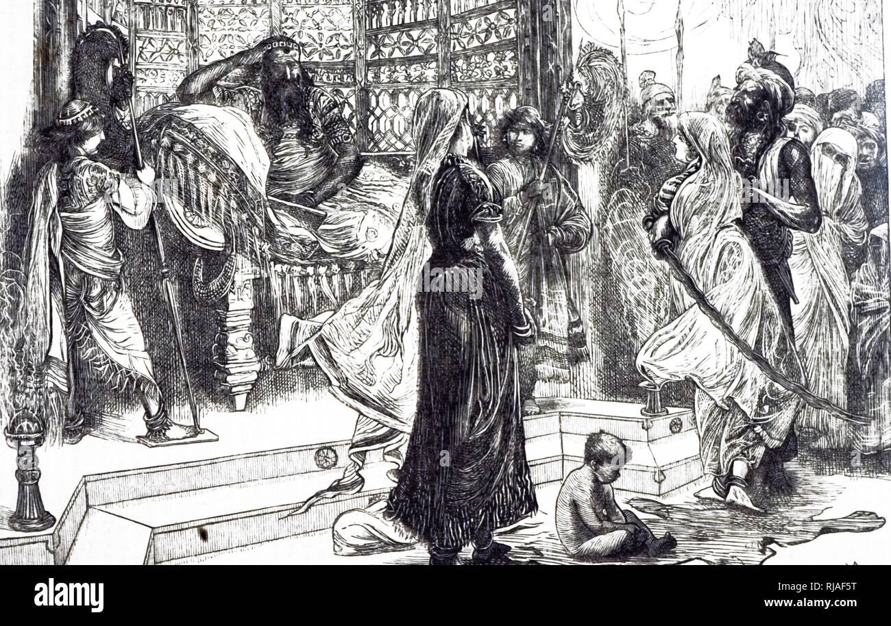 Una incisione raffigurante il Giudizio di Salomone, una storia dalla Bibbia ebraica in cui il re Salomone di Israele ha stabilito tra due donne entrambe affermando di essere la madre di un bambino. Illustrato da Arthur Boyd Houghton (1836-1875) un pittore inglese e illustrator. Datata del XIX secolo Foto Stock