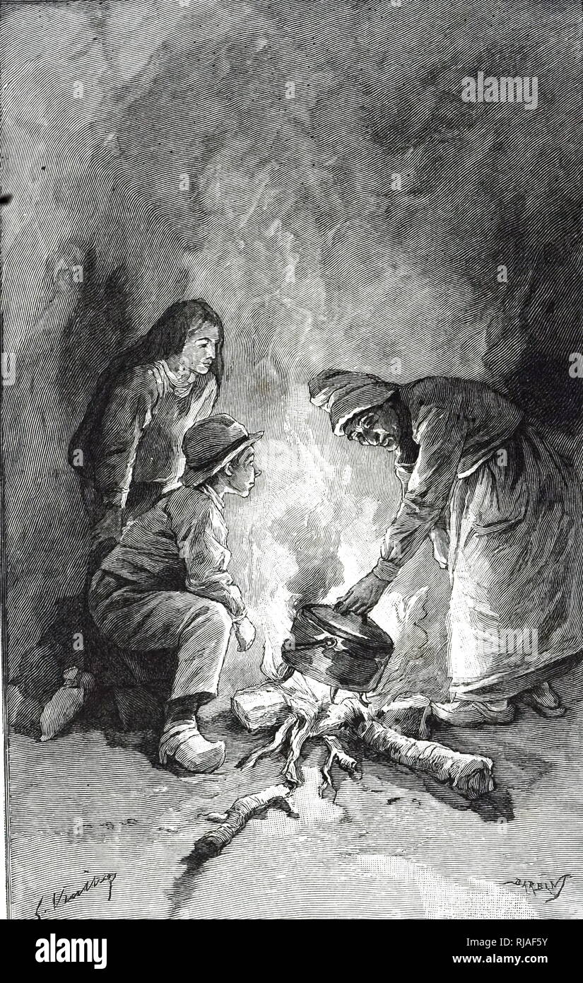 Una incisione raffigurante un uomo collocando un Marmite su un fuoco aperto. Datata del XIX secolo Foto Stock