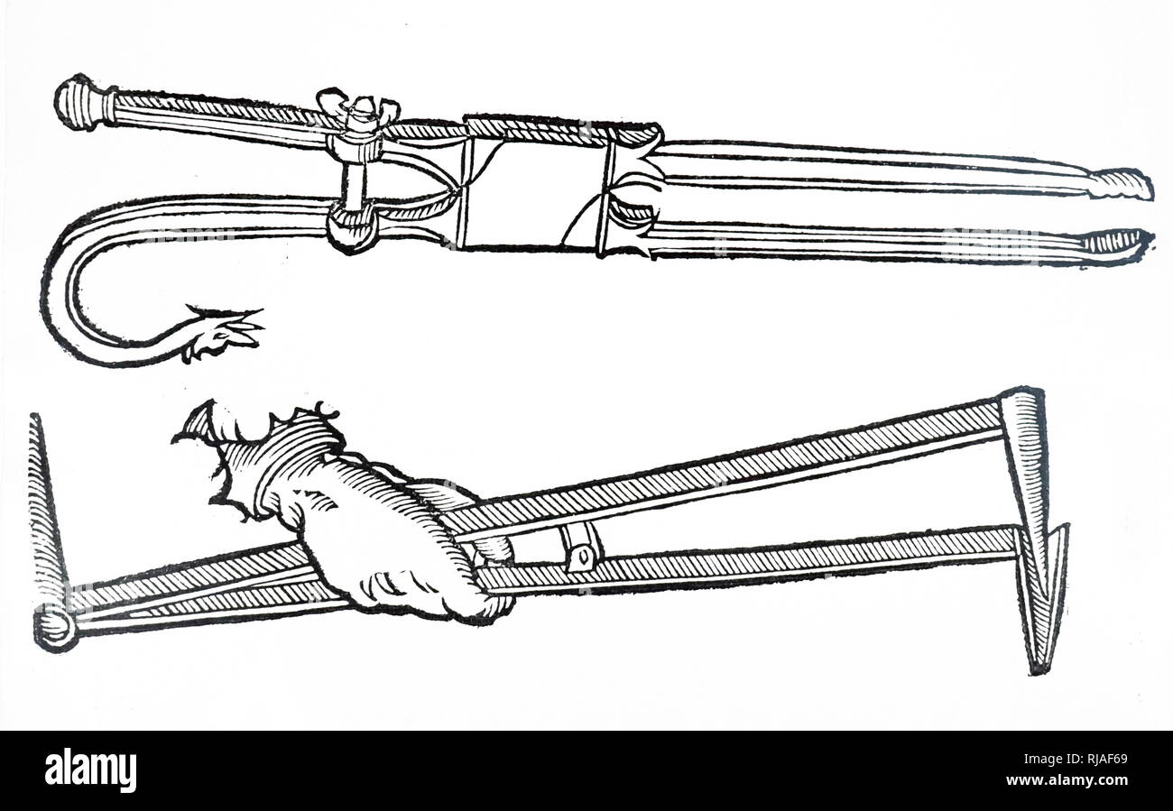 Una xilografia incisione raffigurante un chirurgo gli strumenti: pinza ed uno specolo per dilatare ed esaminando le ferite. Datata xvi secolo Foto Stock