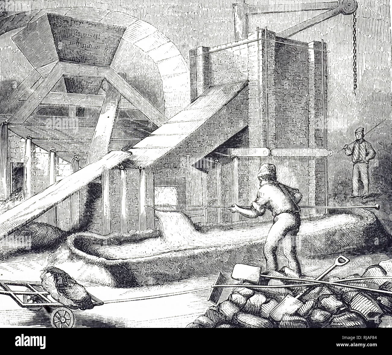 Una incisione raffigurante una maschiatura forno di rame utilizzati per la produzione di ghisa, St Helens, Lancashire. Datata del XIX secolo Foto Stock