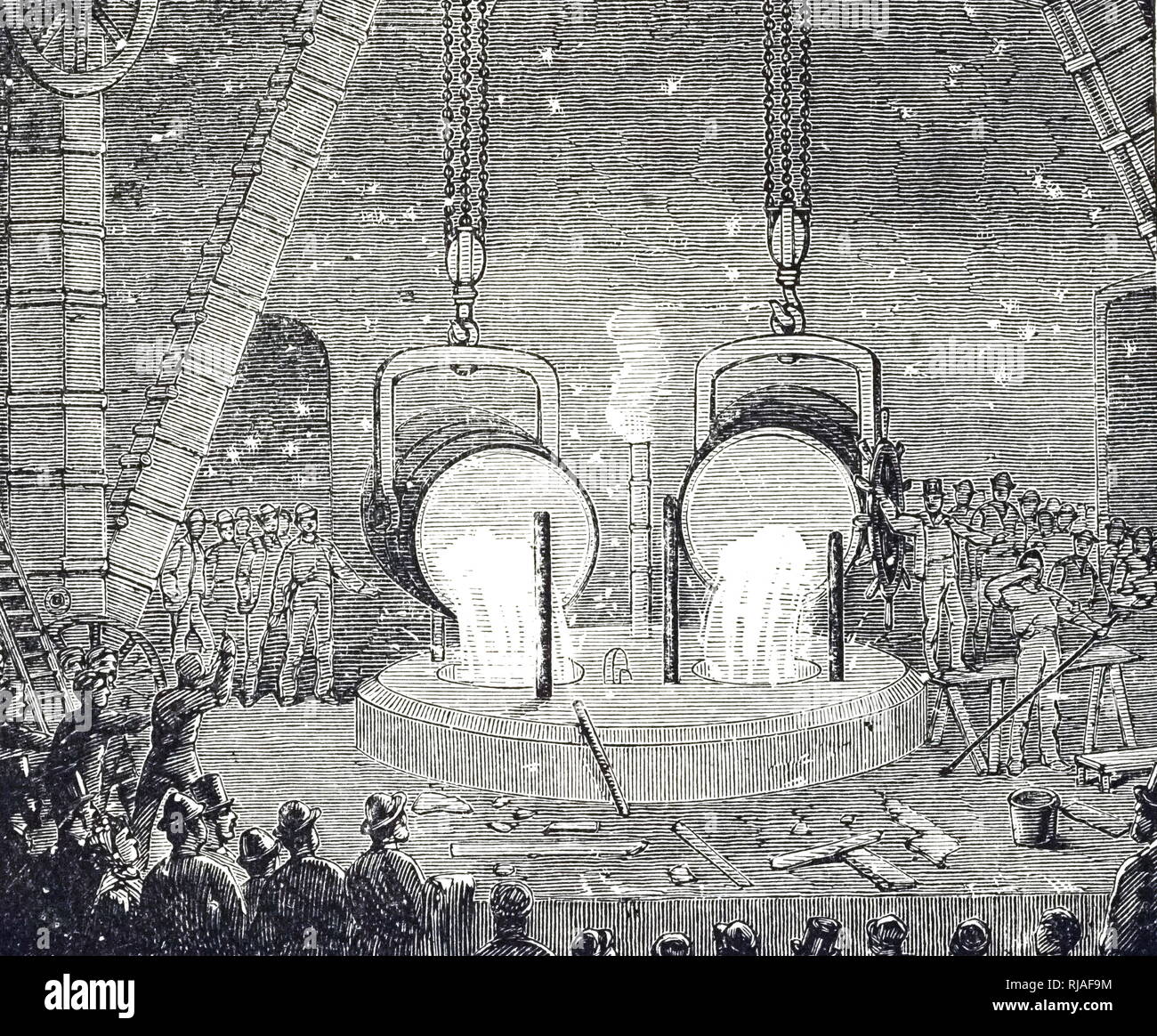 Una incisione raffigurante la colata di un cilindro per un marine motore di vapore. Datata del XIX secolo Foto Stock