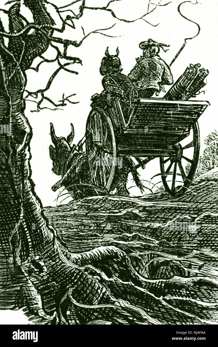 Una testiera raffigurante una carrozza a cavallo guidando attraverso una foresta. Illustrato da Francesco Wilfred Lawson (1842-1935) un pittore inglese. Datata del XIX secolo Foto Stock