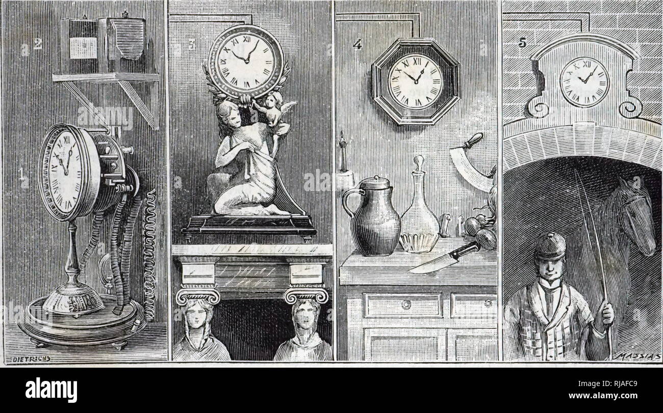 Una incisione raffigurante A. Hennequin elettrico del clock di master (1) alimentato da una batteria di Serrin (2), guida schiavi (3,4,5) in varie parti di un edificio. Datata del XIX secolo Foto Stock