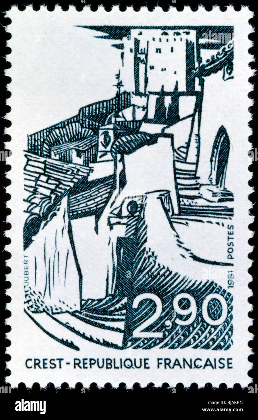 Il francese francobollo celebra il villaggio francese di Crest Foto Stock