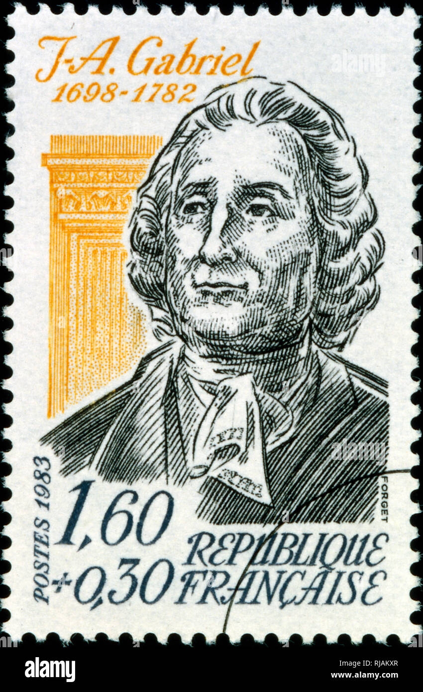 Il francese francobollo commemorativo J Gabriel 1698-1782. principale architetto del re di Luigi XV di Francia. Le sue opere maggiori inclusa la Place de la Concorde, dall' Ecole Militaire e il Petit Triannon e teatro dell'opera presso il Palazzo di Versailles. Foto Stock