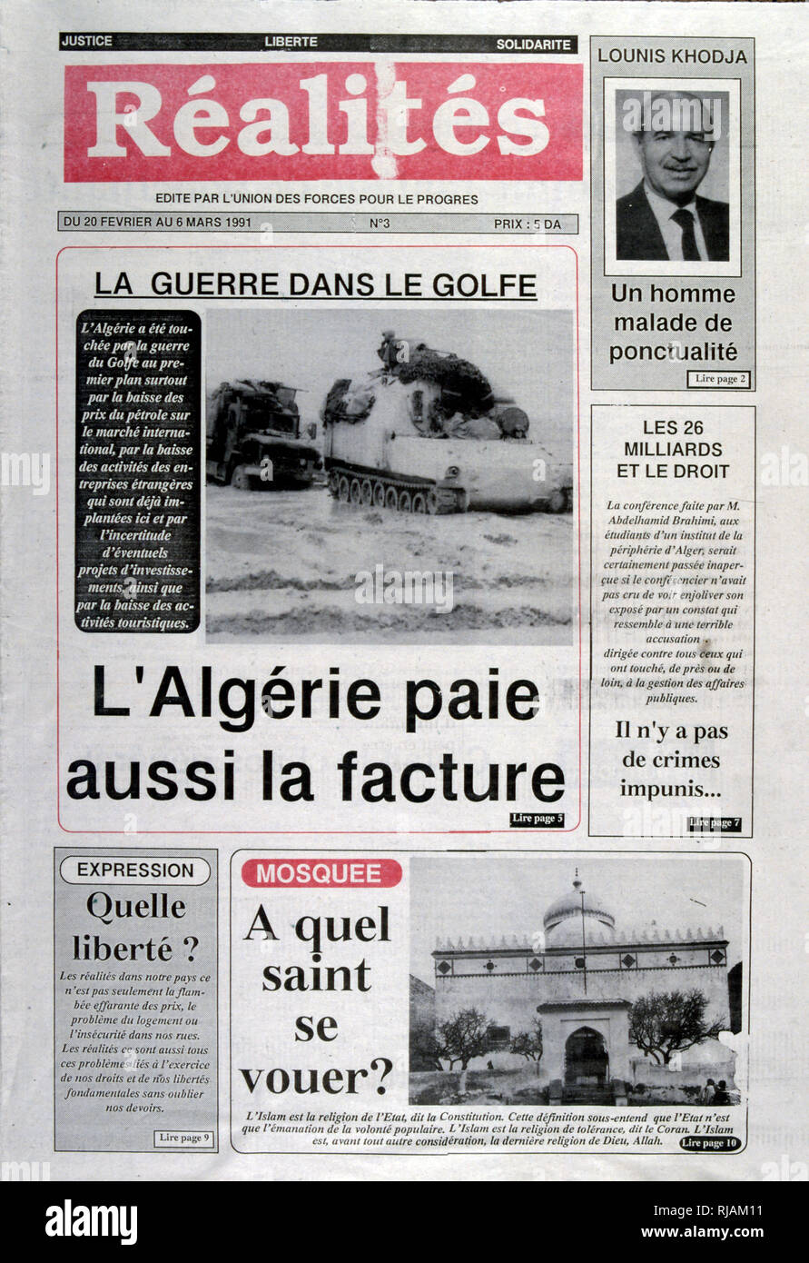 Headline in "Réalités" un quotidiano francese, 6 marzo 1991, relativa all'impatto in Algeria, della guerra del Golfo (2 agosto 1990 - 28 febbraio 1991). nome in codice Operazione Desert Shield e la tempesta di deserto di funzionamento, la guerra scatenata dalle forze della coalizione che da 35 nazioni condotte dagli Stati Uniti contro l'Iraq in risposta all'Iraq dell' invasione e l'annessione del Kuwait. Foto Stock