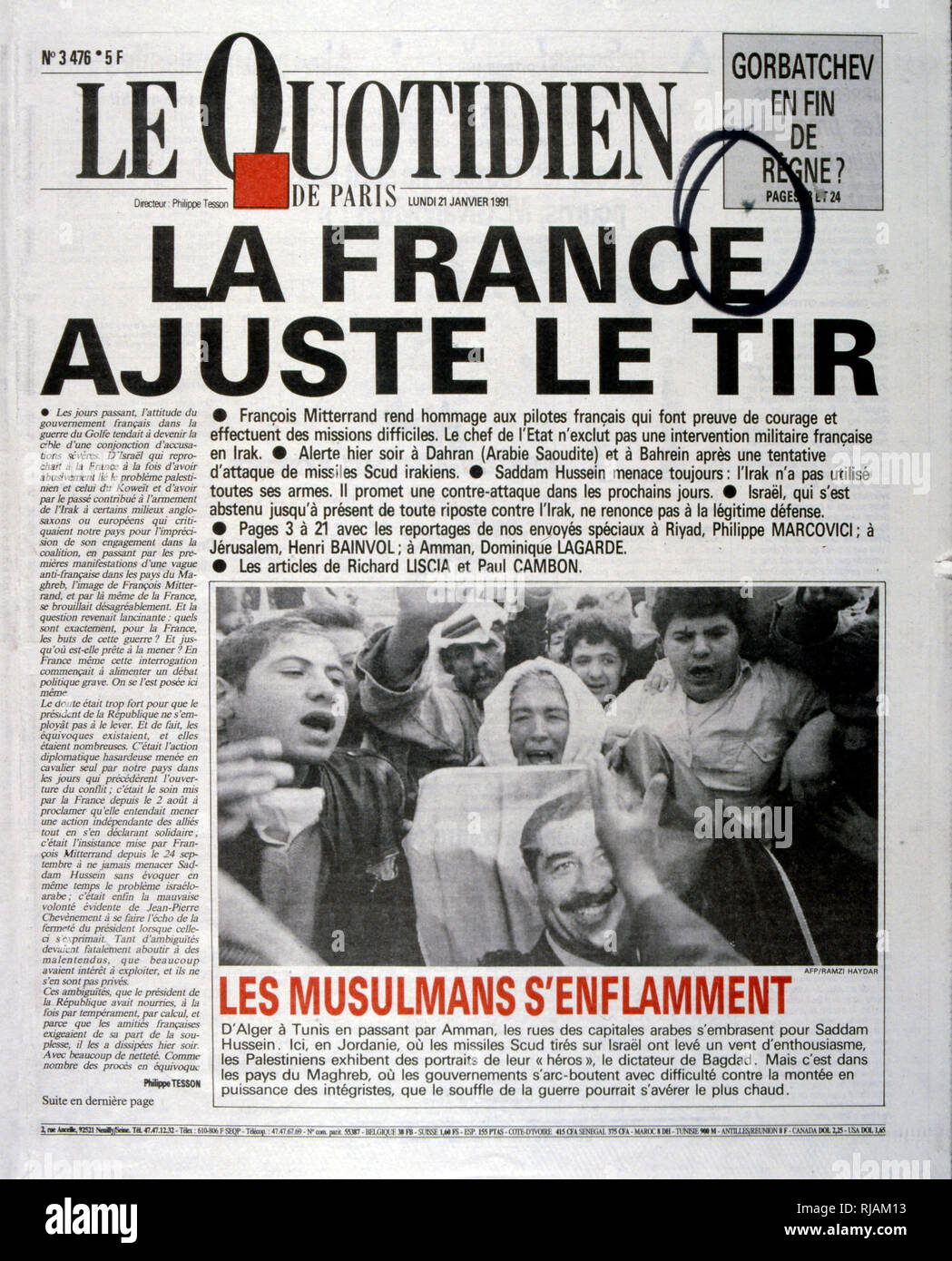 Headline in 'Le Quotidien' un quotidiano francese, 21 gennaio 1991, relativa alla perdita di piloti francesi nella guerra del Golfo (2 agosto 1990 - 28 febbraio 1991). nome in codice Operazione Desert Shield e la tempesta di deserto di funzionamento, la guerra scatenata dalle forze della coalizione che da 35 nazioni condotte dagli Stati Uniti contro l'Iraq in risposta all'Iraq dell' invasione e l'annessione del Kuwait. Foto Stock