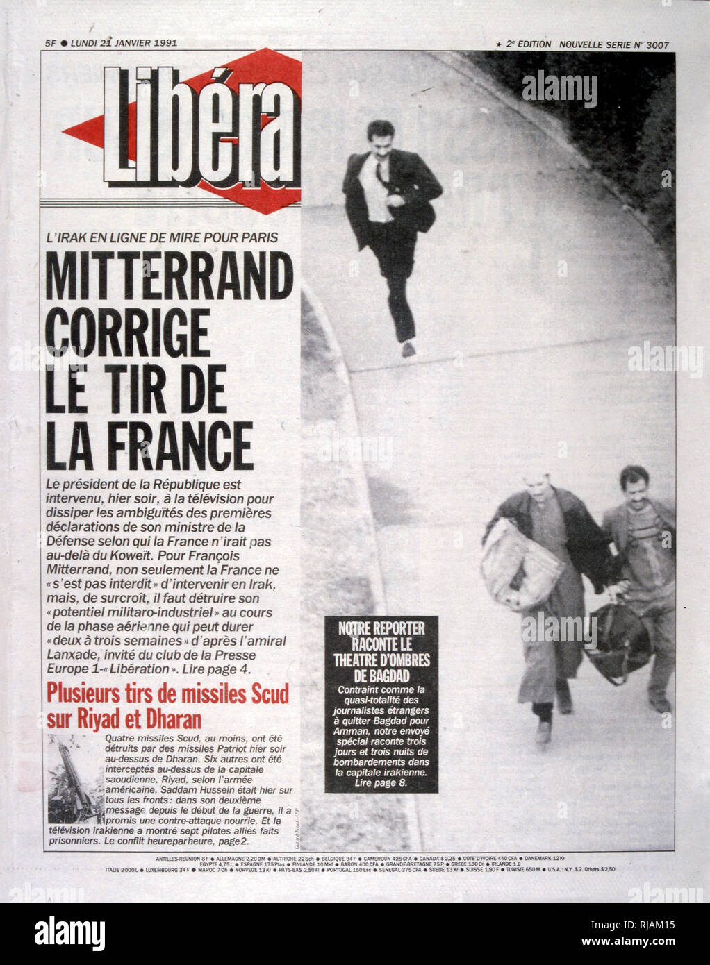 Titolo di liberazione di un quotidiano francese, 21 gennaio 1991, concernenti il coinvolgimento francesi nella guerra del Golfo (2 agosto 1990 - 28 febbraio 1991). nome in codice Operazione Desert Shield e la tempesta di deserto di funzionamento, la guerra scatenata dalle forze della coalizione che da 35 nazioni condotte dagli Stati Uniti contro l'Iraq in risposta all'Iraq dell' invasione e l'annessione del Kuwait. Foto Stock