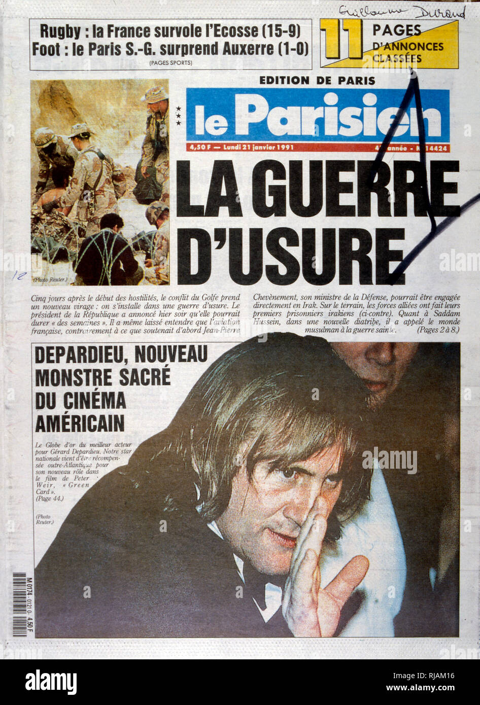 Headline in 'Le Parisien" un quotidiano francese, 21 gennaio 1991, concernenti il coinvolgimento francesi nella guerra del Golfo (2 agosto 1990 - 28 febbraio 1991). nome in codice Operazione Desert Shield e la tempesta di deserto di funzionamento, la guerra scatenata dalle forze della coalizione che da 35 nazioni condotte dagli Stati Uniti contro l'Iraq in risposta all'Iraq dell' invasione e l'annessione del Kuwait. Di seguito è riportato un resoconto sull'attore francese Gerard Depardieu Foto Stock