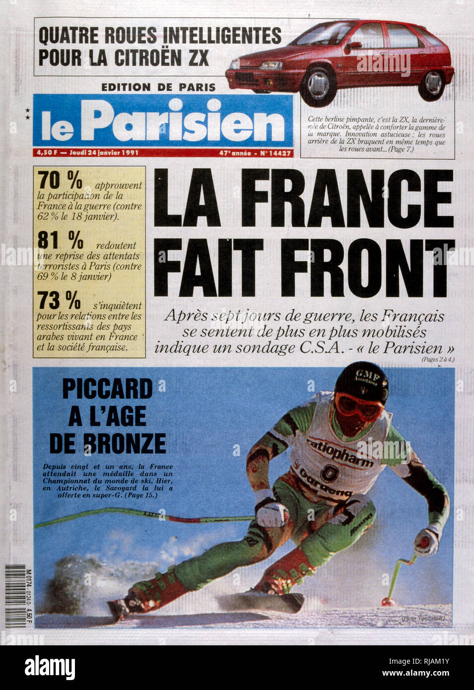 Headline in 'Le Parisien" un quotidiano francese, 24 gennaio 1991, concernente un sostegno pubblico maggiore coinvolgimento francesi nella guerra del Golfo (2 agosto 1990 - 28 febbraio 1991). nome in codice Operazione Desert Shield e la tempesta di deserto di funzionamento, la guerra scatenata dalle forze della coalizione che da 35 nazioni condotte dagli Stati Uniti contro l'Iraq in risposta all'Iraq dell' invasione e l'annessione del Kuwait. Di seguito è riportato un resoconto sull'attore francese Gerard Depardieu Foto Stock