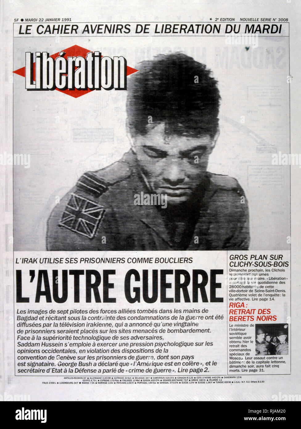 Titolo di liberazione di un quotidiano francese, 22 gennaio 1991, relativa Squadron Leader John Peters (nato nel 1961), pilota della Royal Air Force catturato sulla sua prima missione durante l'operazione tempesta del deserto. Dopo la cattura è stato illustrato, ammaccati e apparentemente sbattuto sul televisore. Alla fine della guerra, egli è stato rilasciato ed è tornato a RAF per altri dieci anni. nome in codice Operazione Desert Shield e la tempesta di deserto di funzionamento, la guerra scatenata dalle forze della coalizione che da 35 nazioni condotte dagli Stati Uniti contro l'Iraq in risposta all'Iraq dell' invasione e l'annessione del Kuwait. Di seguito è riportato un resoconto sul Foto Stock