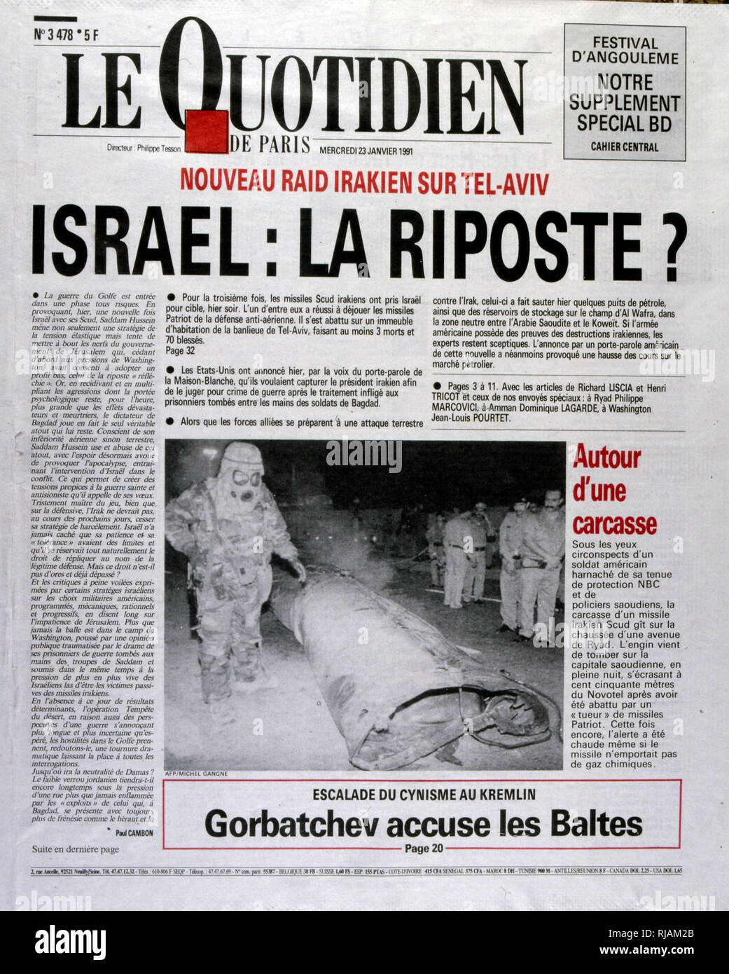 Headline in 'Le Quotidien' un quotidiano francese, 23 gennaio 1991, relativa a un attacco missilistico su Israele durante la guerra del Golfo (2 agosto 1990 - 28 febbraio 1991). nome in codice Operazione Desert Shield e la tempesta di deserto di funzionamento, la guerra scatenata dalle forze della coalizione che da 35 nazioni condotte dagli Stati Uniti contro l'Iraq in risposta all'Iraq dell' invasione e l'annessione del Kuwait. Le immagini mostrano il francese archiviato comandanti e la guerra francese mobile sotto il Presidente Mitterrand. Foto Stock