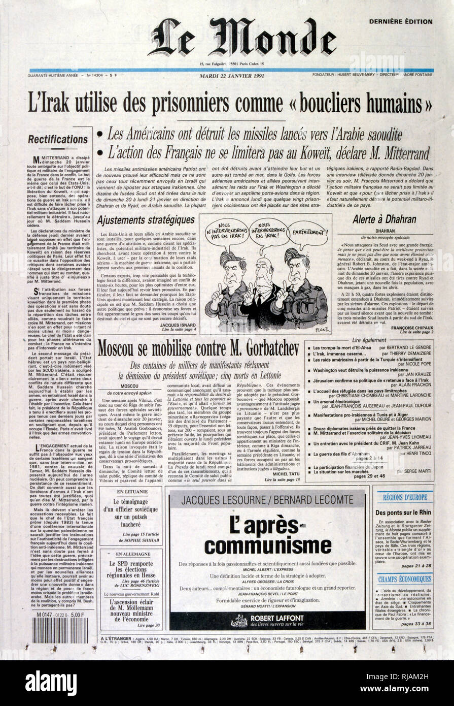 Headline in "le Monde" un quotidiano francese, 2nnd gennaio 1991, concernenti i prigionieri di guerra usati come scudi umani, durante la guerra del Golfo (2 agosto 1990 - 28 febbraio 1991). nome in codice Operazione Desert Shield e la tempesta di deserto di funzionamento, la guerra scatenata dalle forze della coalizione che da 35 nazioni condotte dagli Stati Uniti contro l'Iraq in risposta all'Iraq dell' invasione e l'annessione del Kuwait. Le immagini mostrano il francese archiviato comandanti e la guerra francese mobile sotto il Presidente Mitterrand. Foto Stock