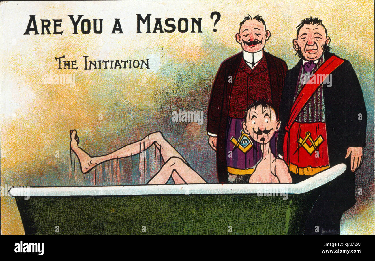 Edwardian British cartolina satirising massoni. Circa 1908. La massoneria o muratura consiste di fraterna alle organizzazioni che fanno risalire le proprie origini per le fraternità locali di muratori, che dalla fine del XIV secolo Foto Stock