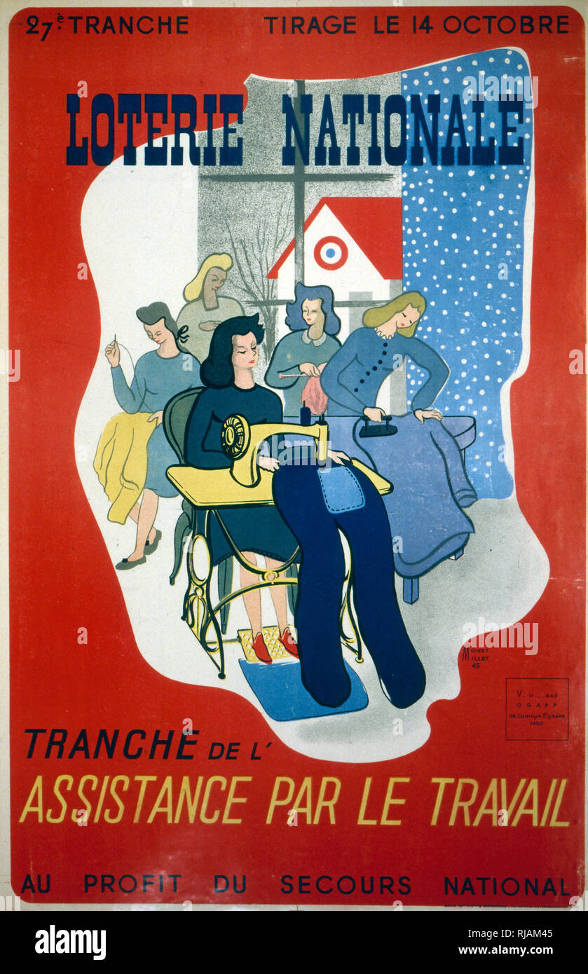 La Francia di Vichy guerra lotteria nazionale poster che mostra le donne per la stiratura e la cucitura. 1943 Foto Stock