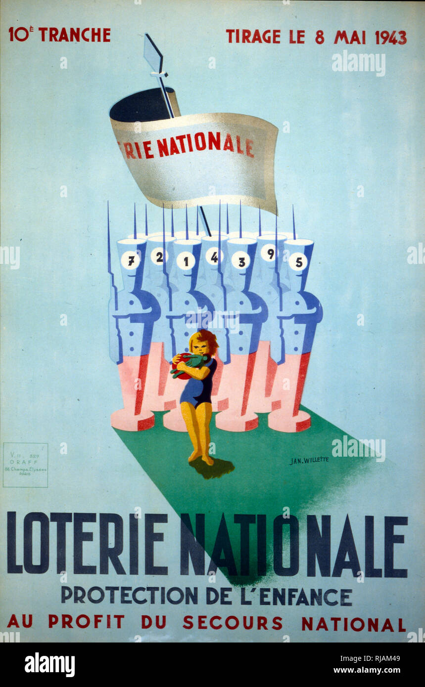 La Francia di Vichy guerra lotteria nazionale poster evidenziando la protezione dei bambini. 1943 Foto Stock