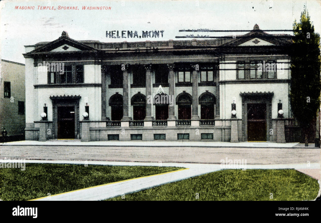 Cartolina raffigurante il tempio massonico, noto anche come il centro massonico, Spokane, Washington, completato nel 1905. Presidente Teddy Roosevelt ha contribuito a rompere la massa per il progetto. Architetti Loren Rand e John K. Dow hanno lavorato insieme sul rilancio neoclassico edificio, che era stato aggiunto su un originale edificio artigiano Foto Stock