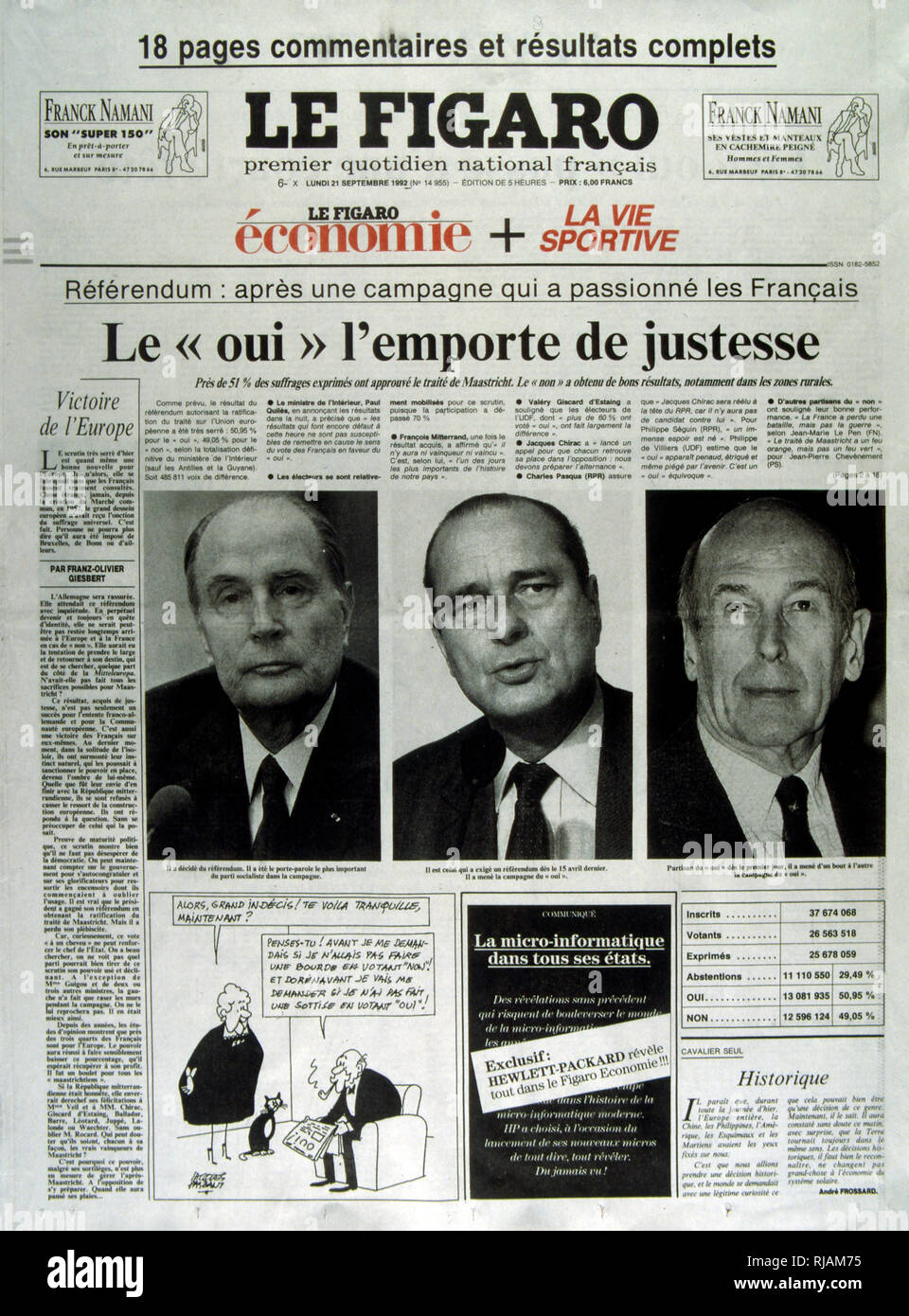 Coperchio del quotidiano francese "Le nozze di Figaro" in merito al referendum sul Trattato di Maastricht, tenutosi in Francia, nel settembre 1992. Essa è stata approvata da solo il 51% degli elettori. Il risultato del referendum, noto come ''petit oui'', insieme con la Presidenza danese ''No'' voto sono considerati segnali della fine del ''consenso permissivo'' sull'integrazione europea che esisteva nella maggior parte dell Europa continentale fino ad allora. Da questo punto in avanti le questioni relative al processo di integrazione europea sono state soggette a molto maggiore controllo in gran parte dell'Europa, e palese scetticismo euro guadagnato importanza. Solo Fran Foto Stock