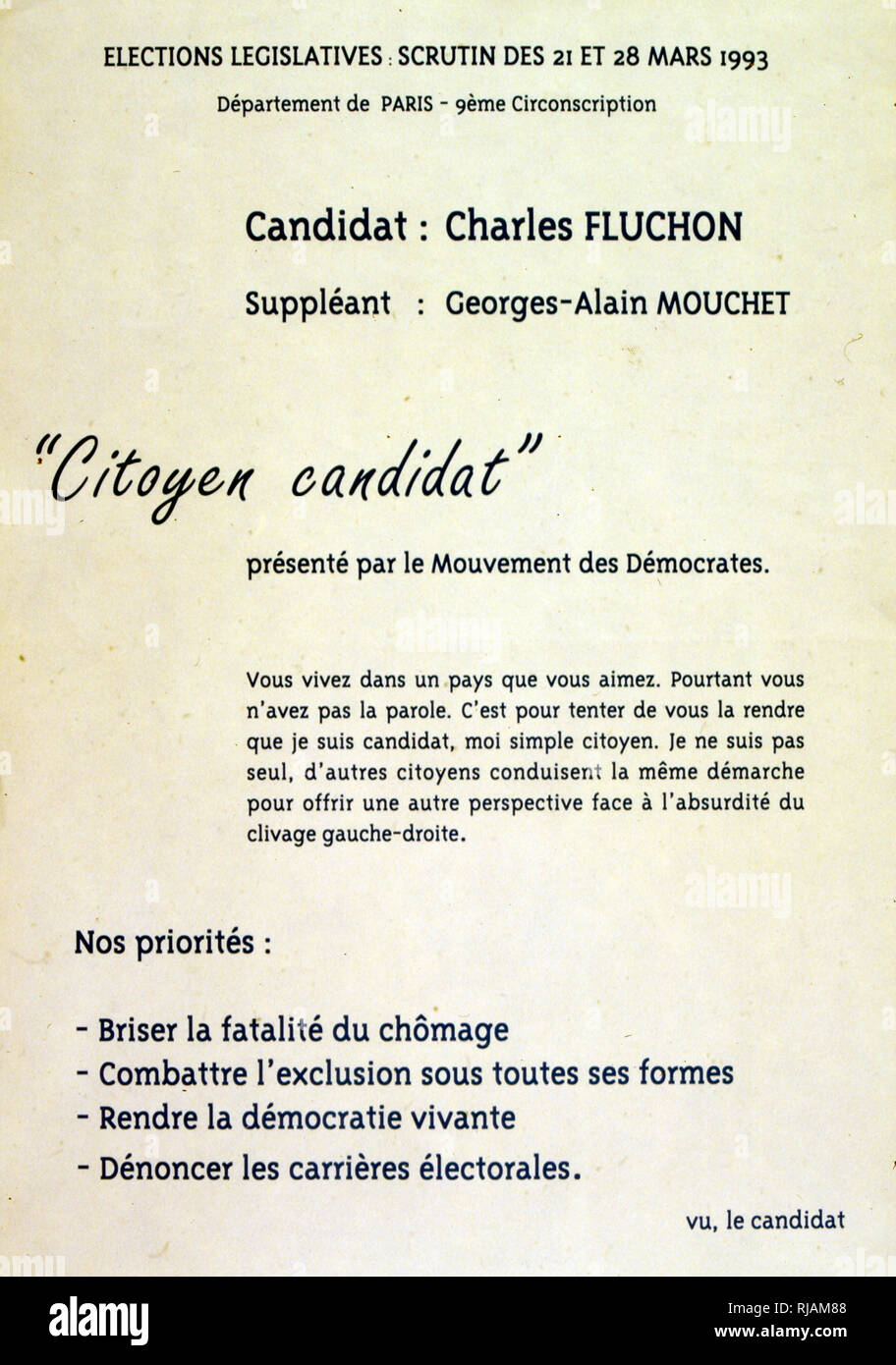 Cartellone elettorale per Charles Fluchon del movimento democratico, Francia 1993 Foto Stock