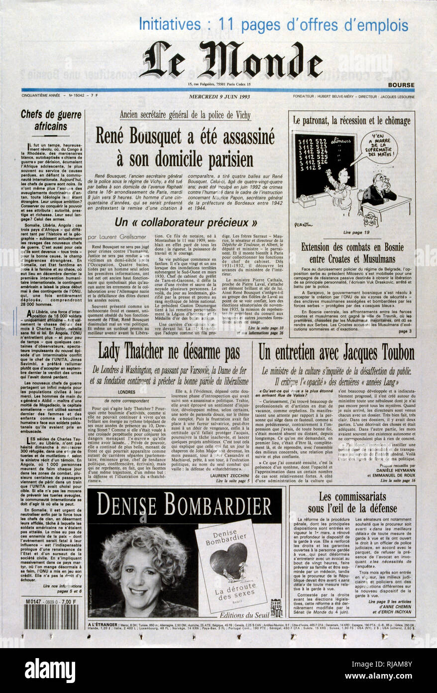 Pagina anteriore della pubblicazione francese Le Monde segnalato l'assassinio di René Bousquet, Giugno 1993. René Bousquet (1909 - 8 giugno 1993); alta classifica francese incaricato e politico che ha servito come segretario generale al regime di Vichy polizia da maggio 1942 al 31 dicembre 1943. Dopo la ricezione di Amnesty International nel 1959, Bousquet diventa nuovamente attivo in politica, il supporto di sinistra attraverso i politici degli anni settanta. Egli è stato incriminato nel 1991 per le sue decisioni nel corso della Vel' d'Hiv Roundup nel 1942, che ha portato a bambini ebrei di essere deportati e uccisi. Bousquet fu assassinato nel 1993 da Christian Didier poco Foto Stock